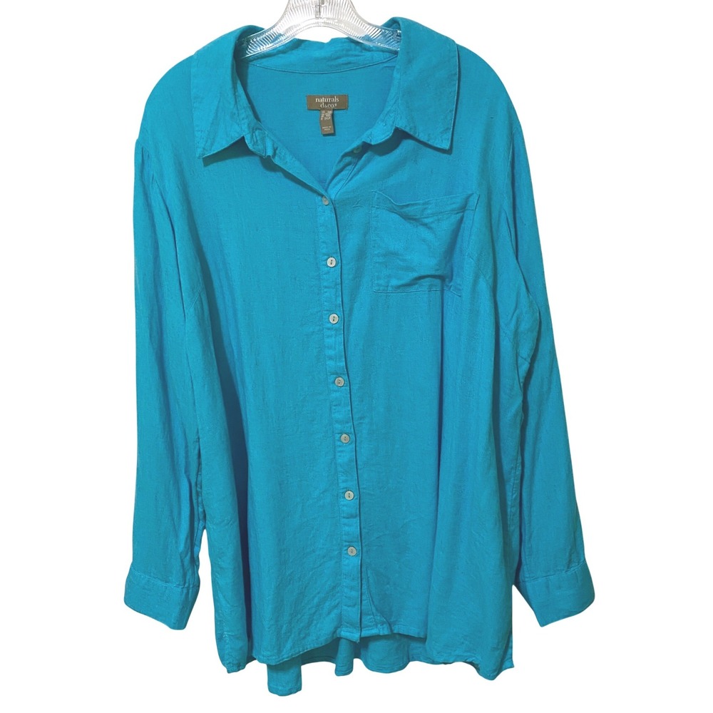 Womens Long Sleeve Button Down Tunic Top 1XP Linen Blue Coastal Grandmother Boho